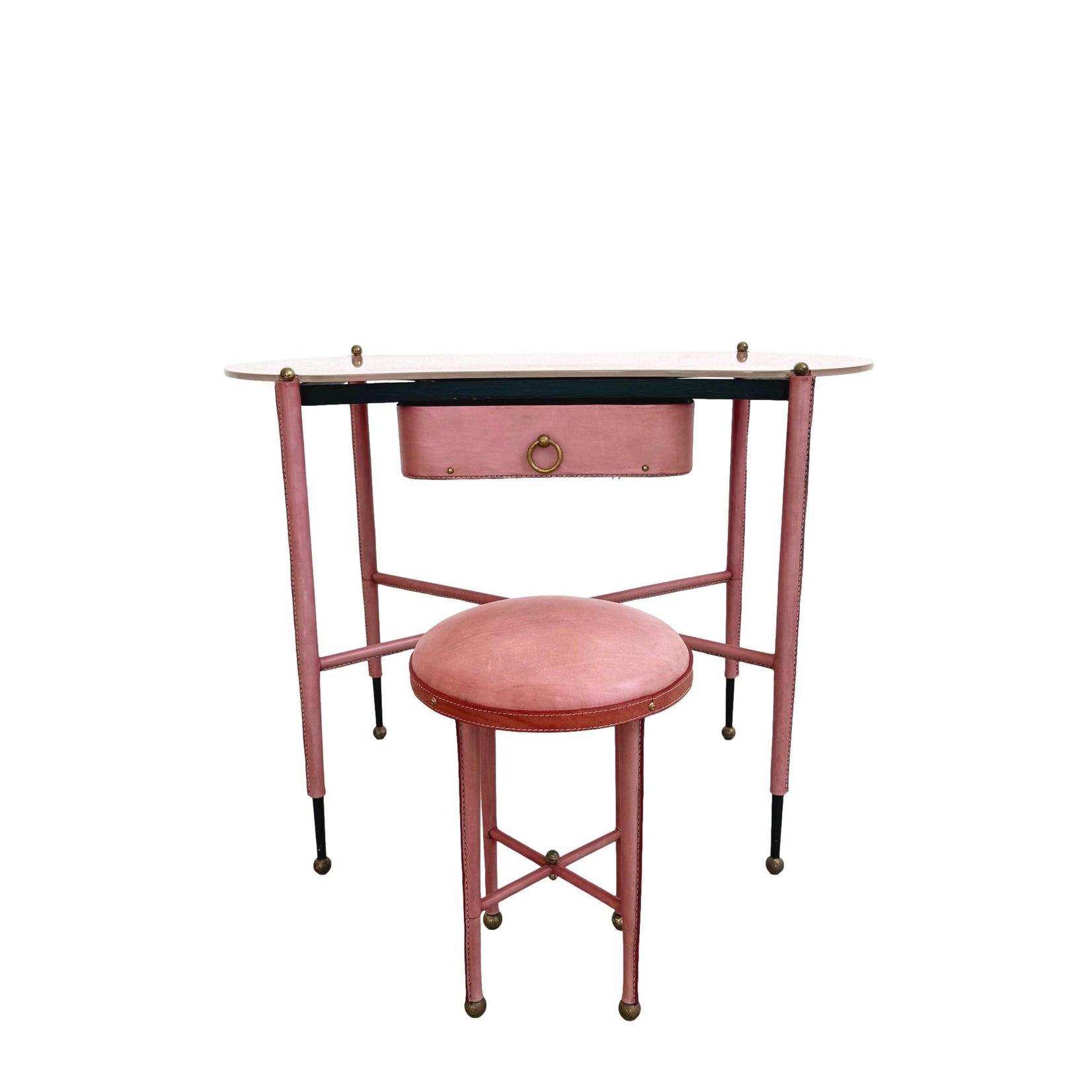 Leather and Glass Vanity with Leather Stool