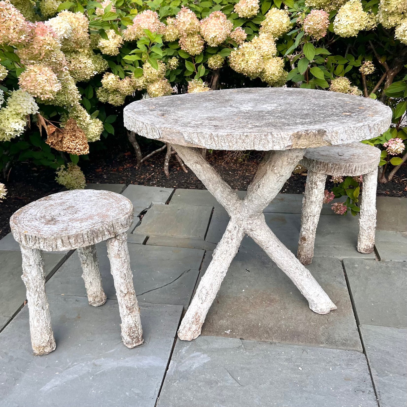 Faux Bois Concrete Table and Two Stools, 1960s France