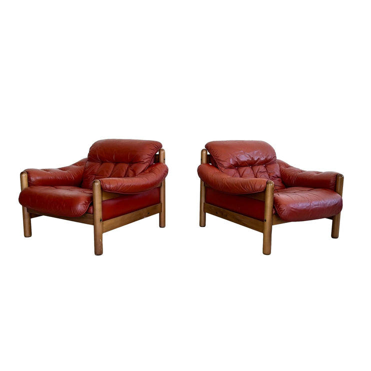 Leather and Wood Club Chairs, Sweden 1970s