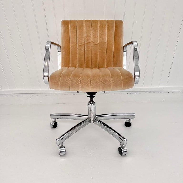 Modern Chrome & Tufted Velvet Office Chair, 1980s USA