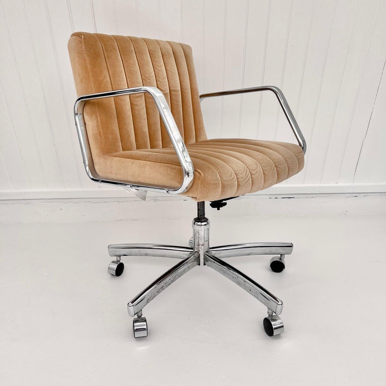 Modern Chrome & Tufted Velvet Office Chair, 1980s USA