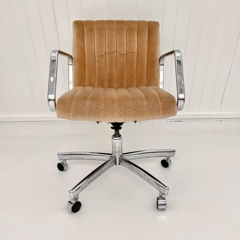 Modern Chrome & Tufted Velvet Office Chair, 1980s USA