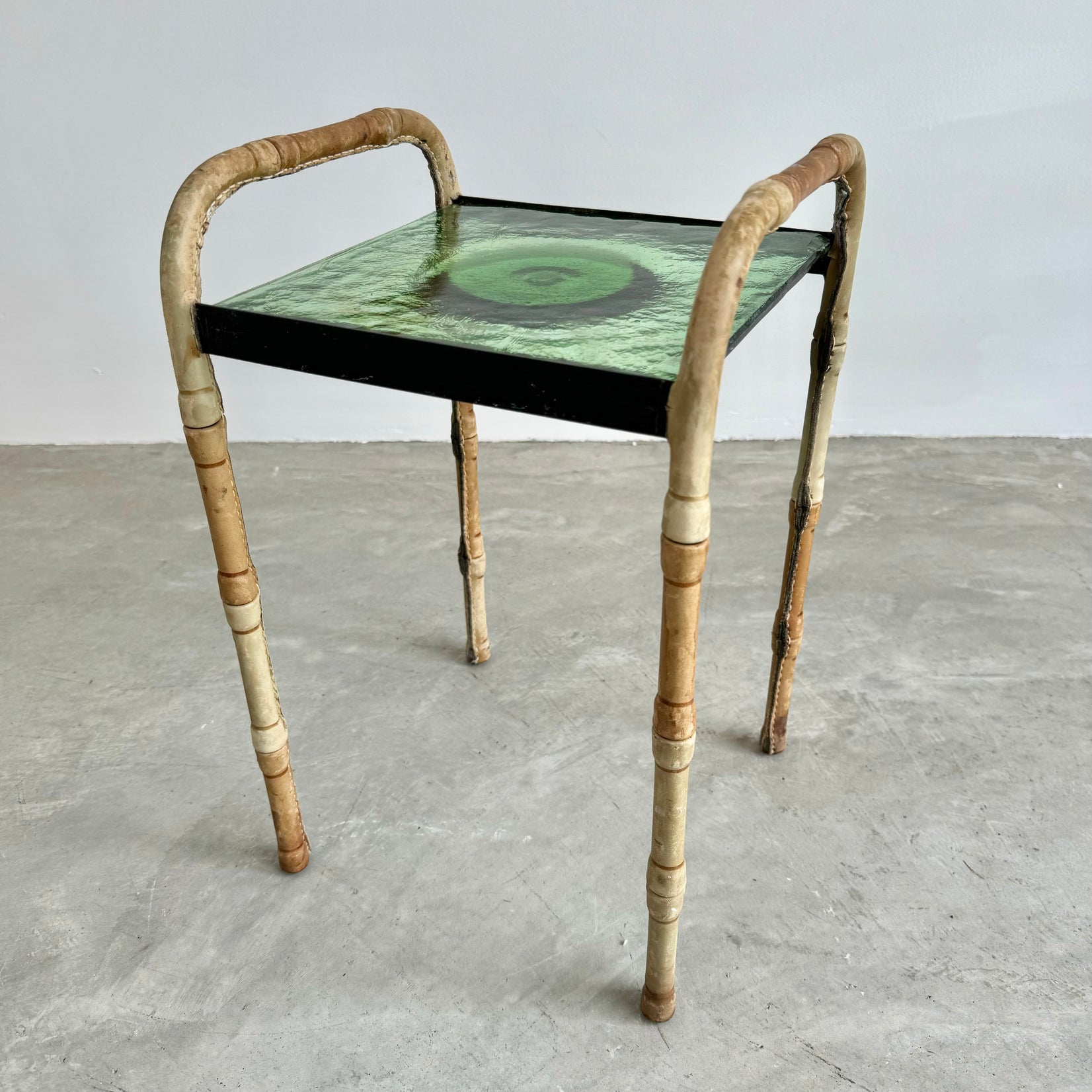 Jacques Adnet Leather and Glass Side Table and Catchall, 1950s France