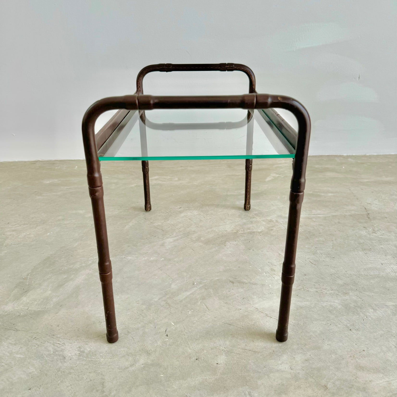 Jacques Adnet Leather and Glass Side Table, 1950s France
