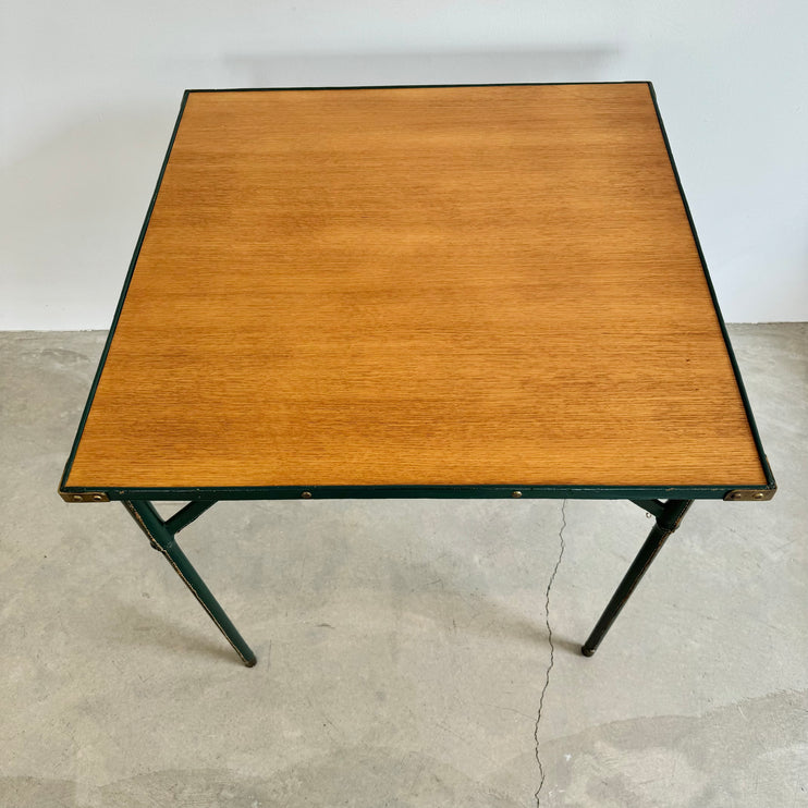 Jacques Adnet Green Leather and Wood Game Table, 1950s France