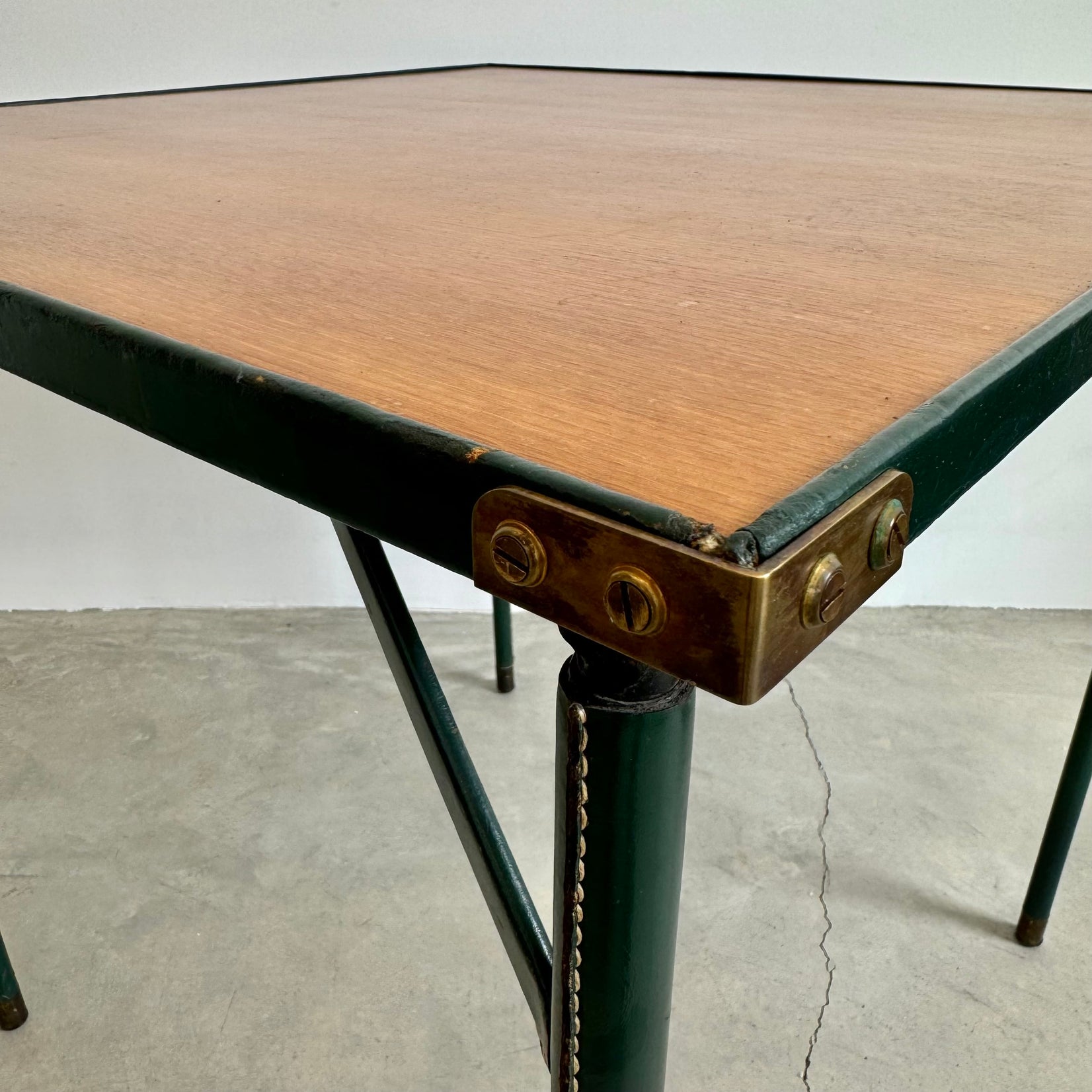 Jacques Adnet Green Leather and Wood Game Table, 1950s France