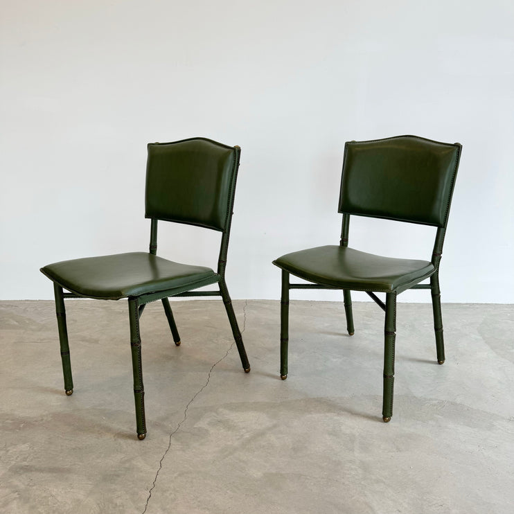 Jacques Adnet Green Leather Chairs, 1950s France