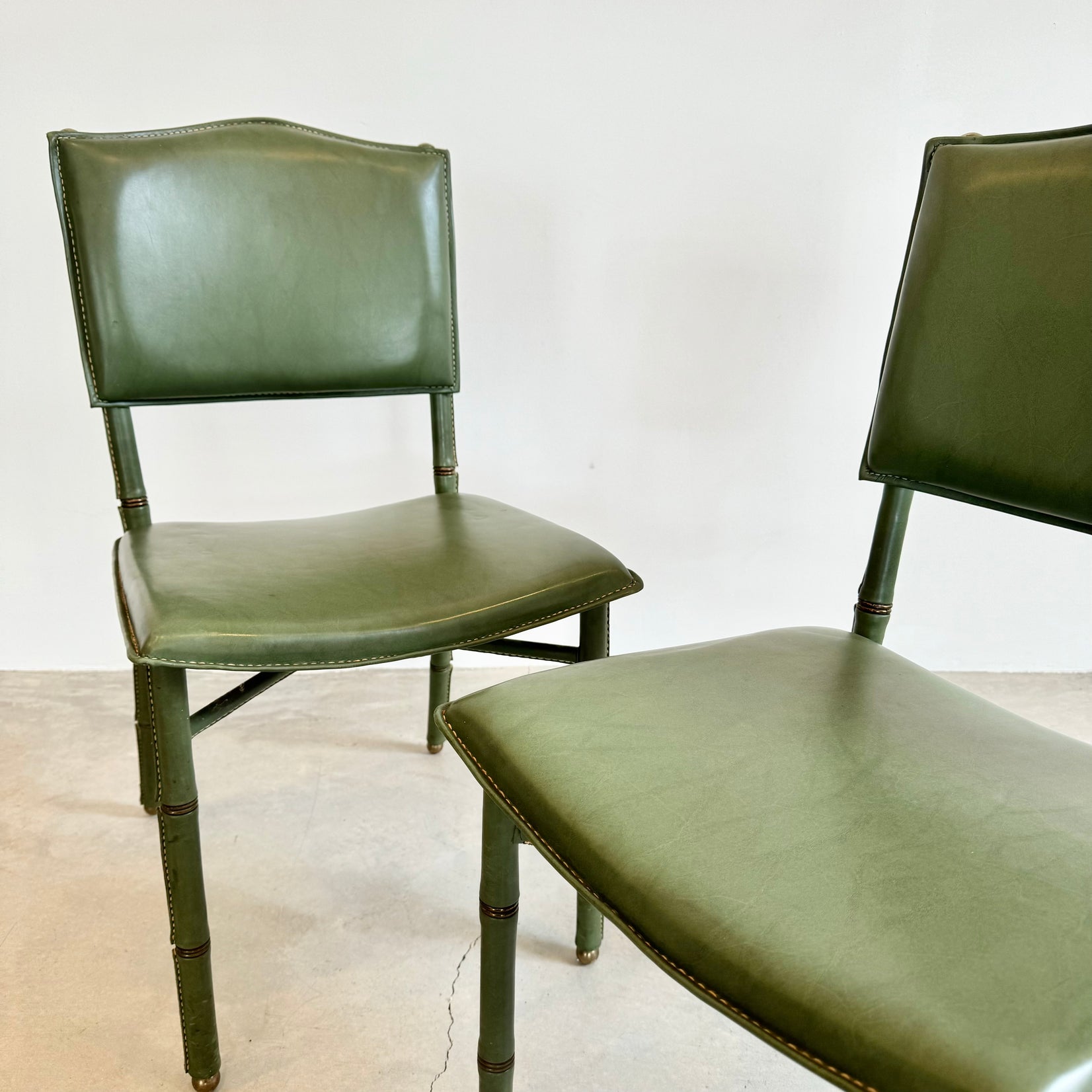 Jacques Adnet Green Leather Chairs, 1950s France