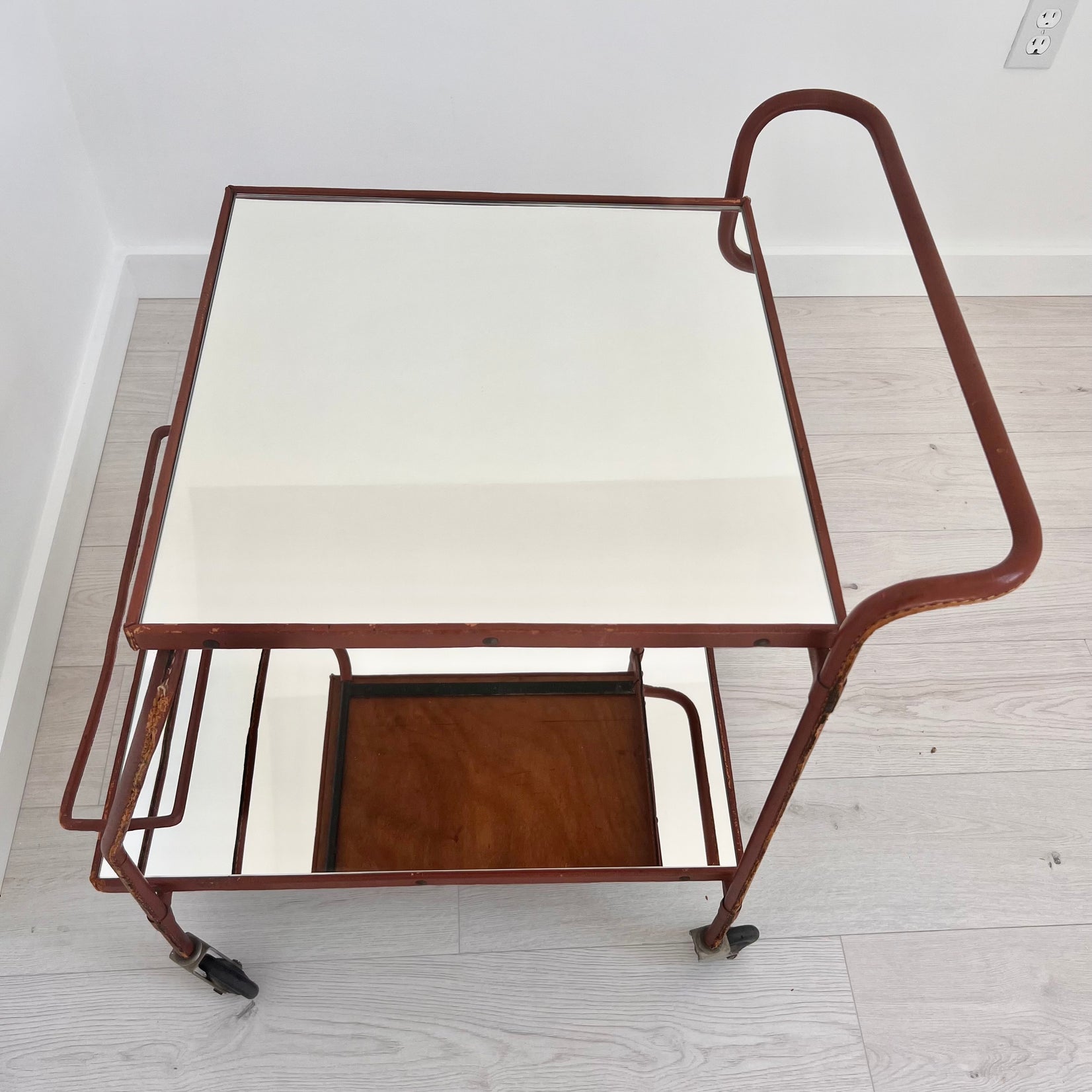 Jacques Adnet Brown Leather Bar Cart, 1950s France