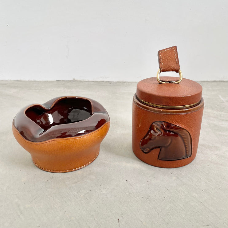 Saddle Leather and Ceramic Smoking Set by Longchamp, 1950s France