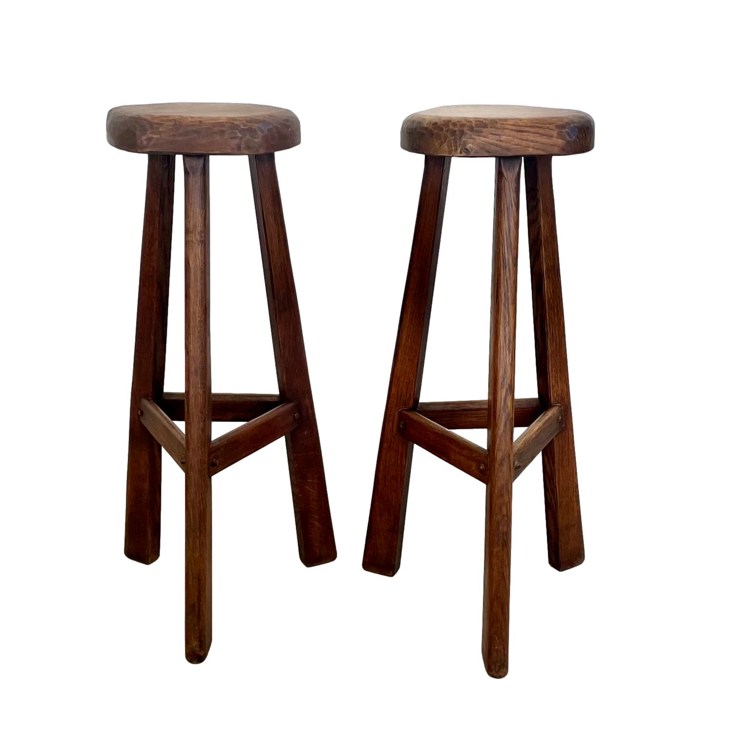 Pair of Tall Brutalist Wood Stools, 1960s France