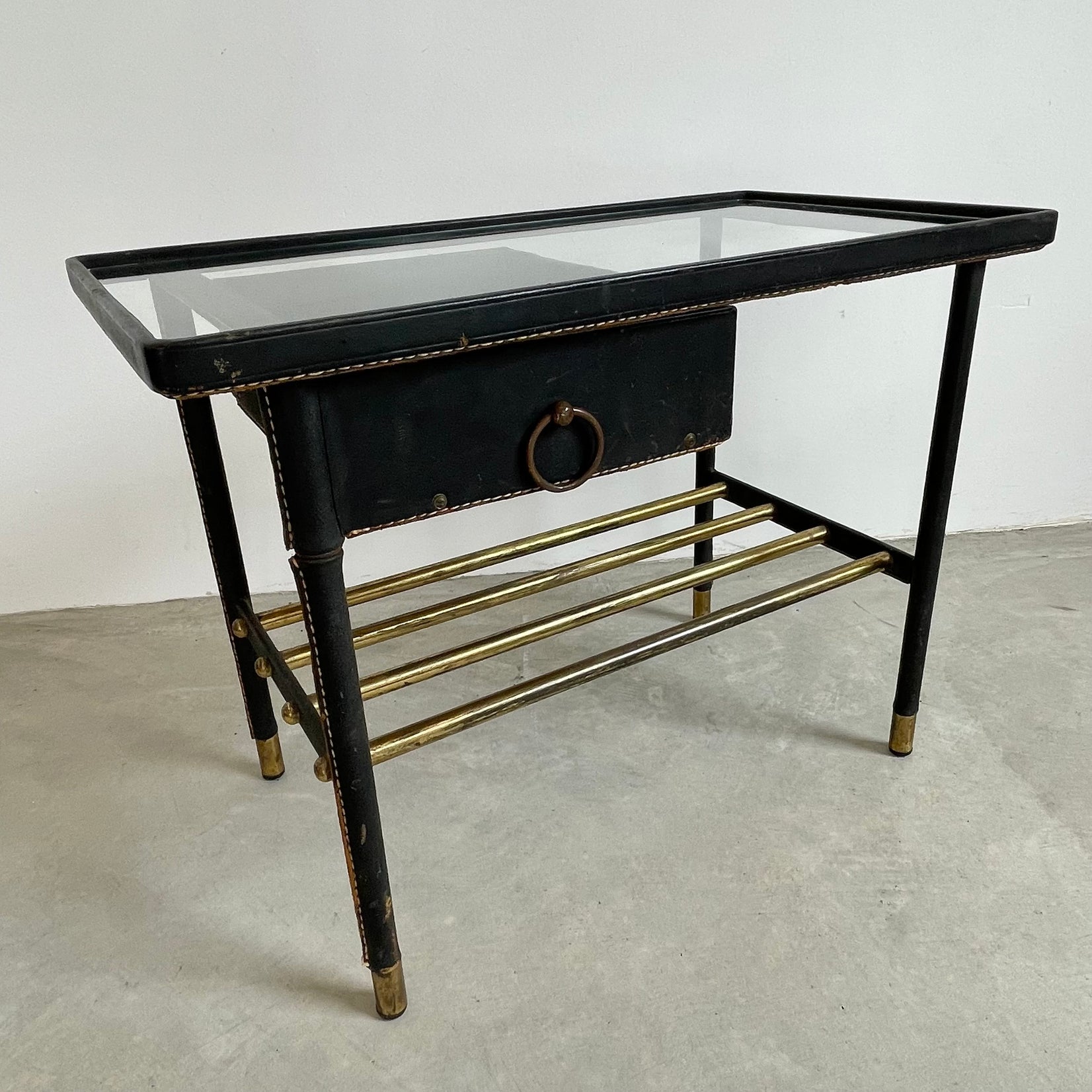 Jacques Adnet Leather Side Table with Drawer, 1950s