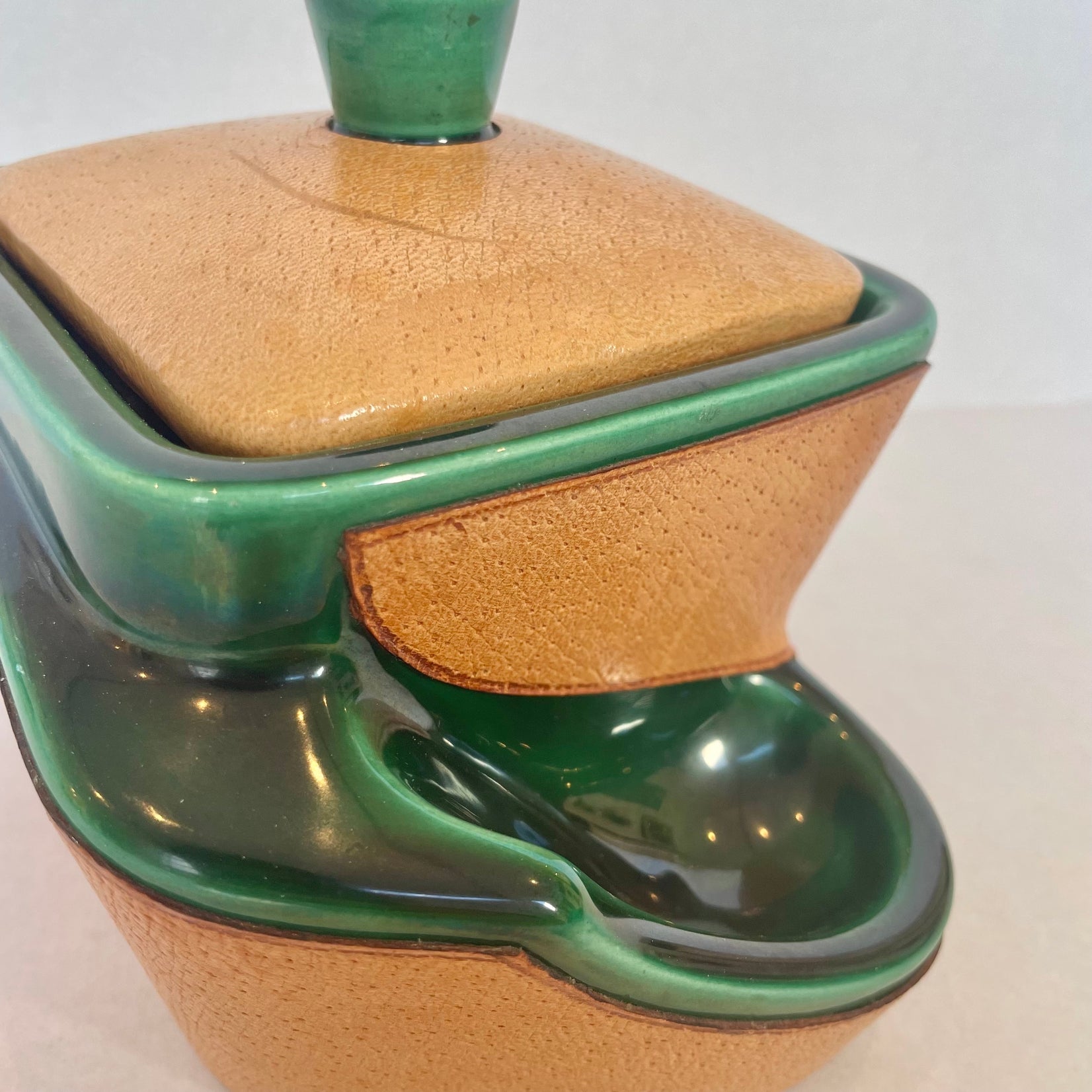 French Leather and Ceramic Stash Jar and Pipe Holder