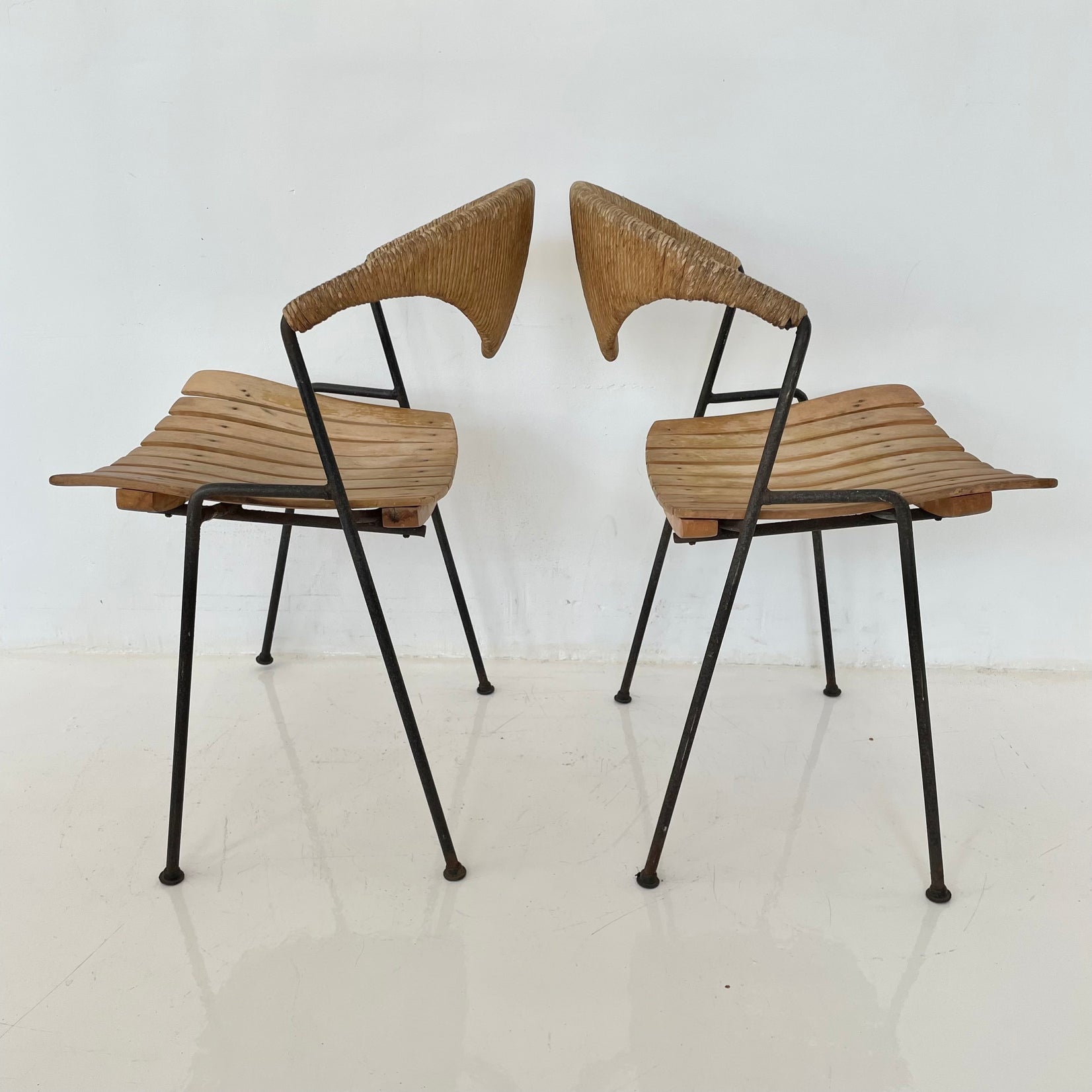 Arthur Umanoff Wood and Rush Sculptural Chairs, 1950s United States
