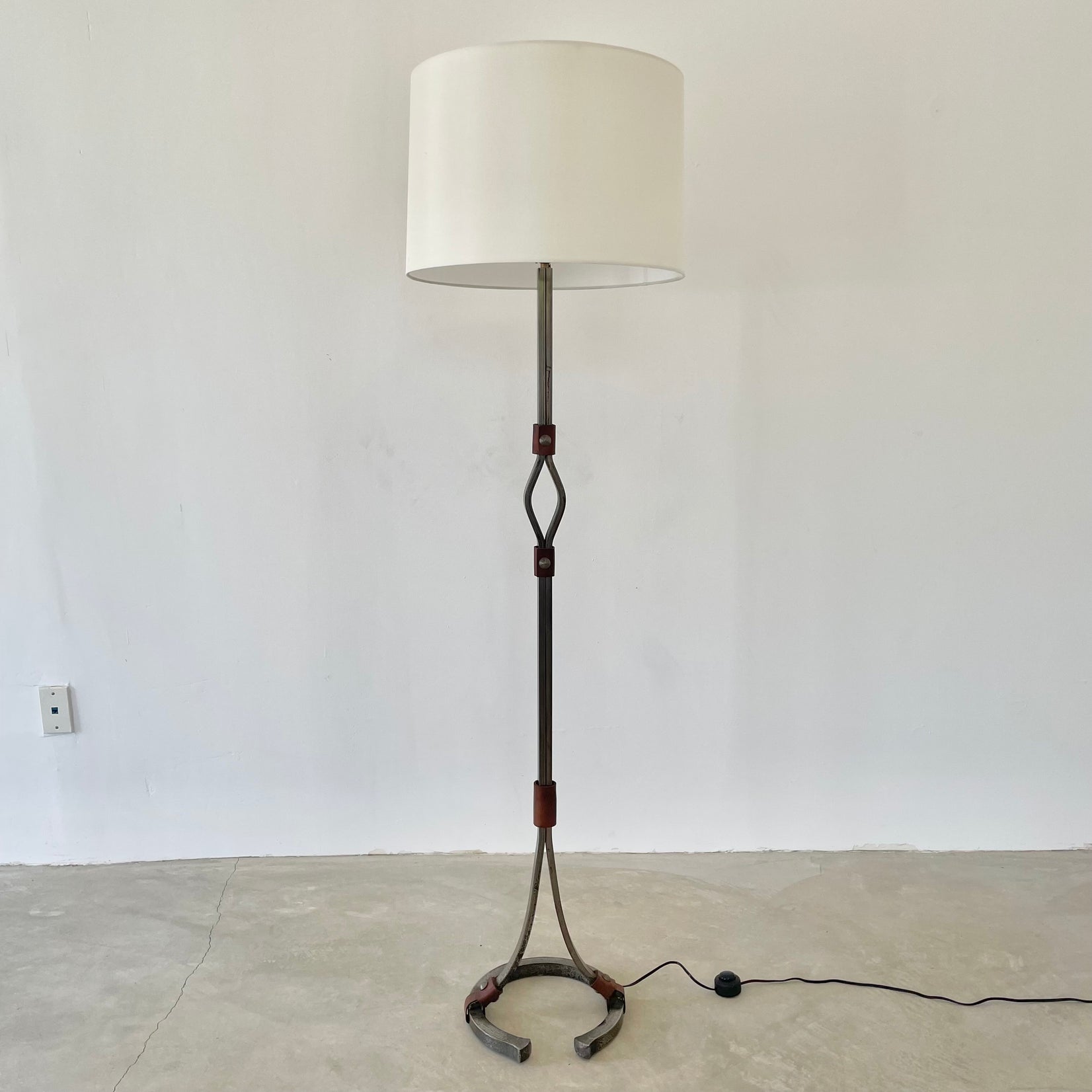 Jacques Adnet Steel and Leather Floor Lamp, 1950s France