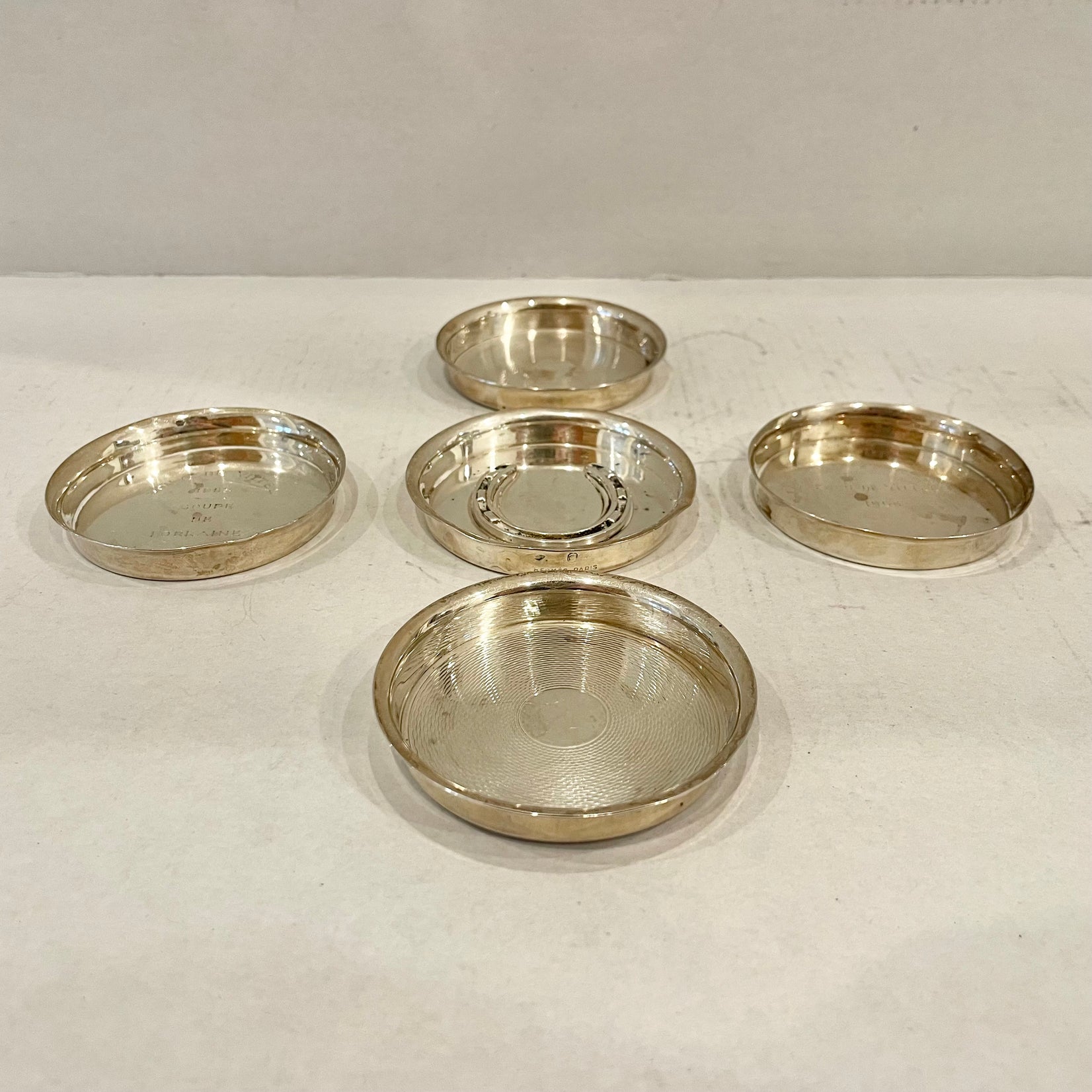 Set of 6 Hermes Silver Plated Jewelry Trays and Cup, 1950s France