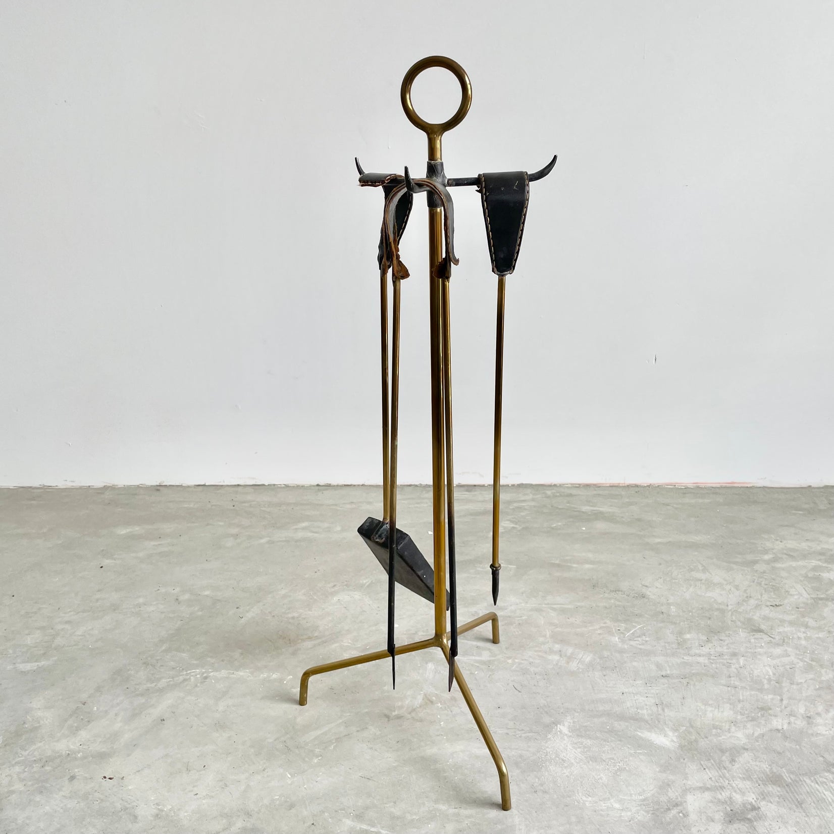 Leather and Brass Fireplace Set by Jacques Adnet, 1950s France