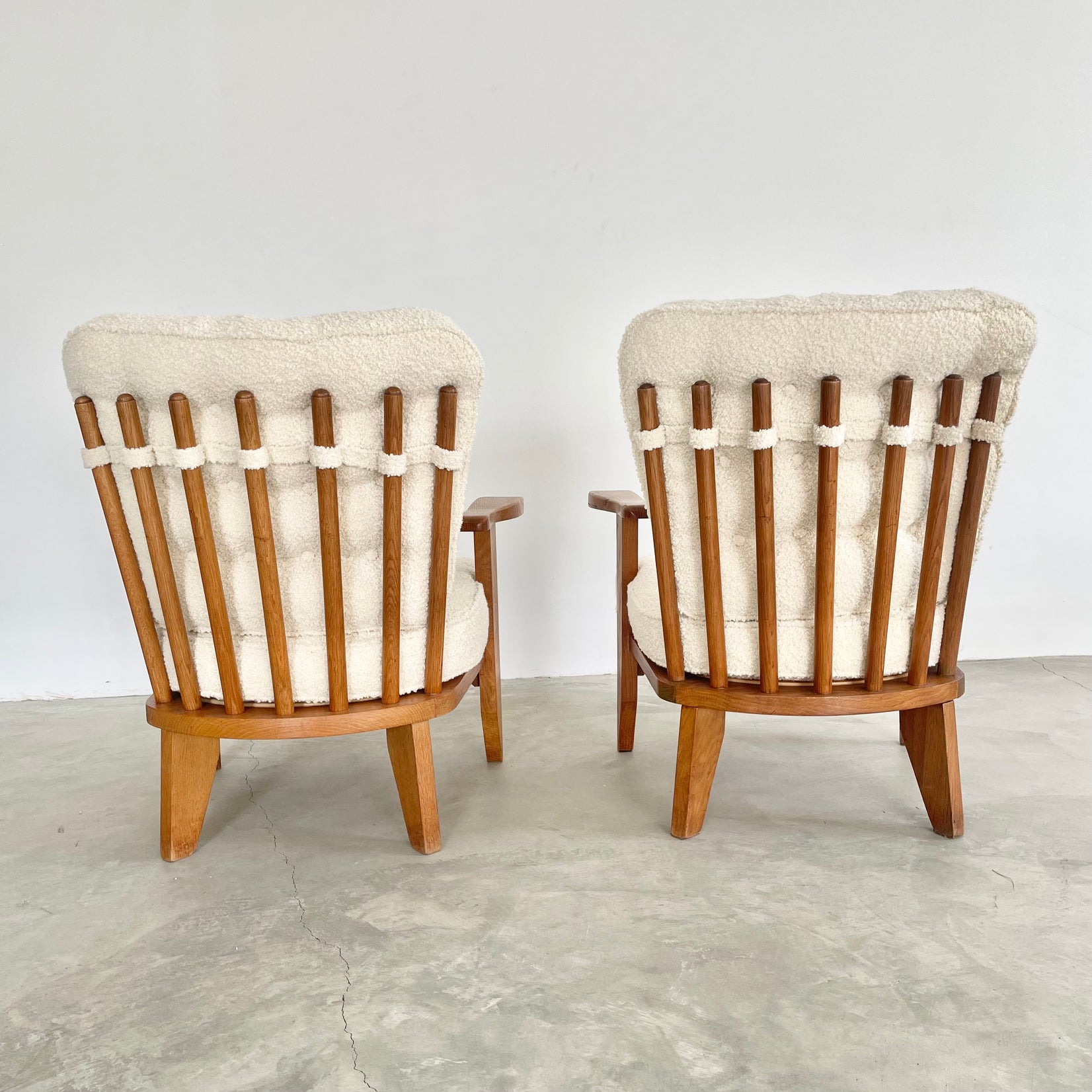 Guillerme et Chambron Oak and Boucle Armchairs, France 1960s