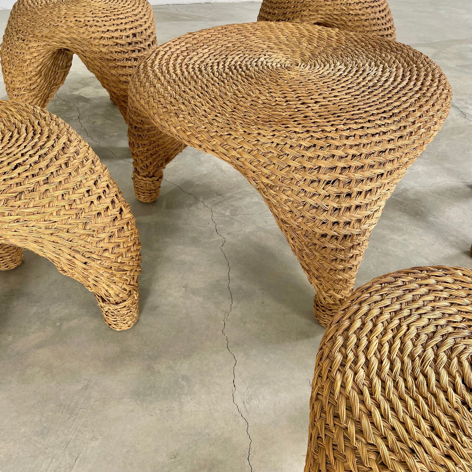 Wicker Pine Needle Table and Stools, 1980s France