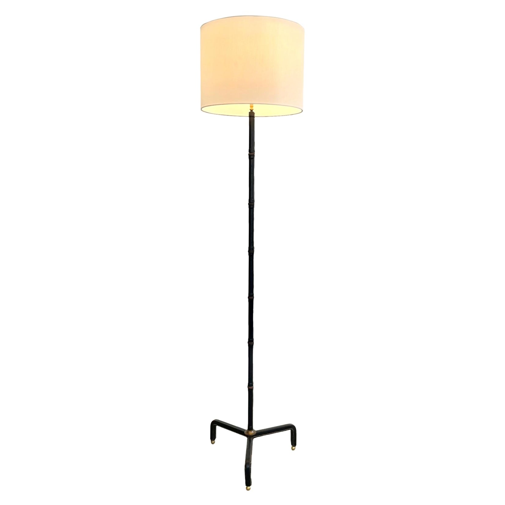 Jacques Adnet Black Leather Floor Lamp, 1950s France