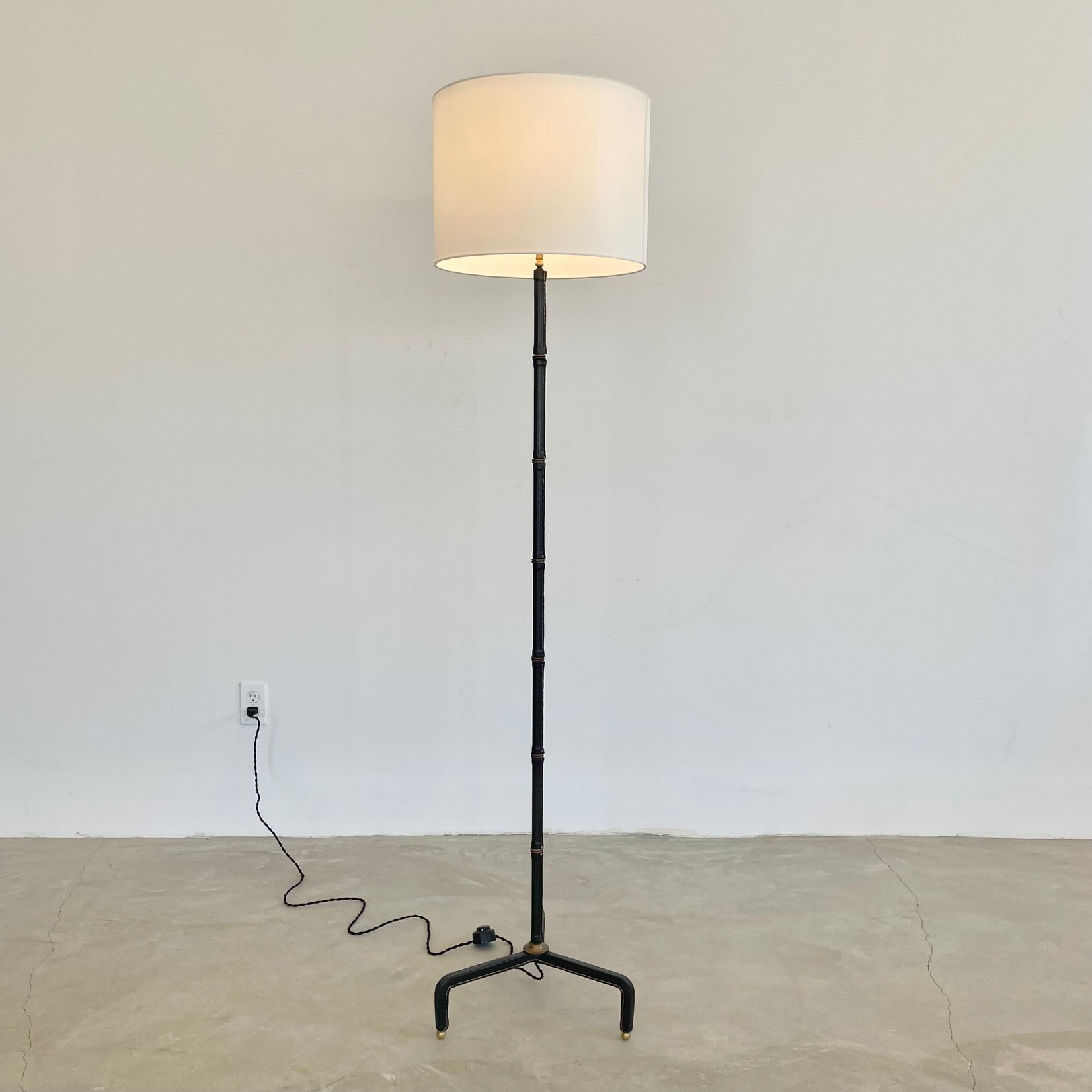 Jacques Adnet Black Leather Floor Lamp, 1950s France