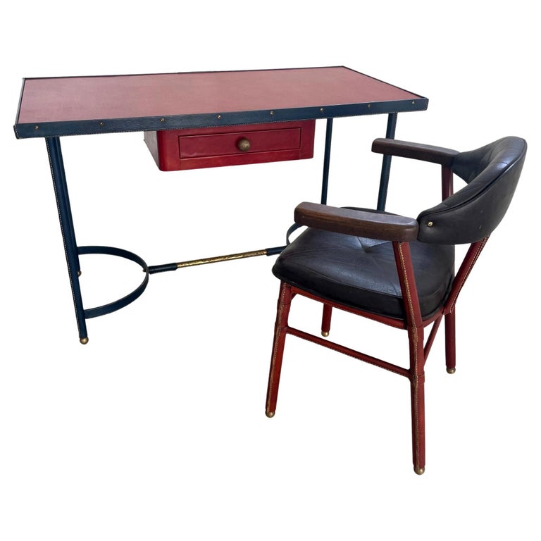 Jacques Adnet Leather Desk and Chair, 1950s France