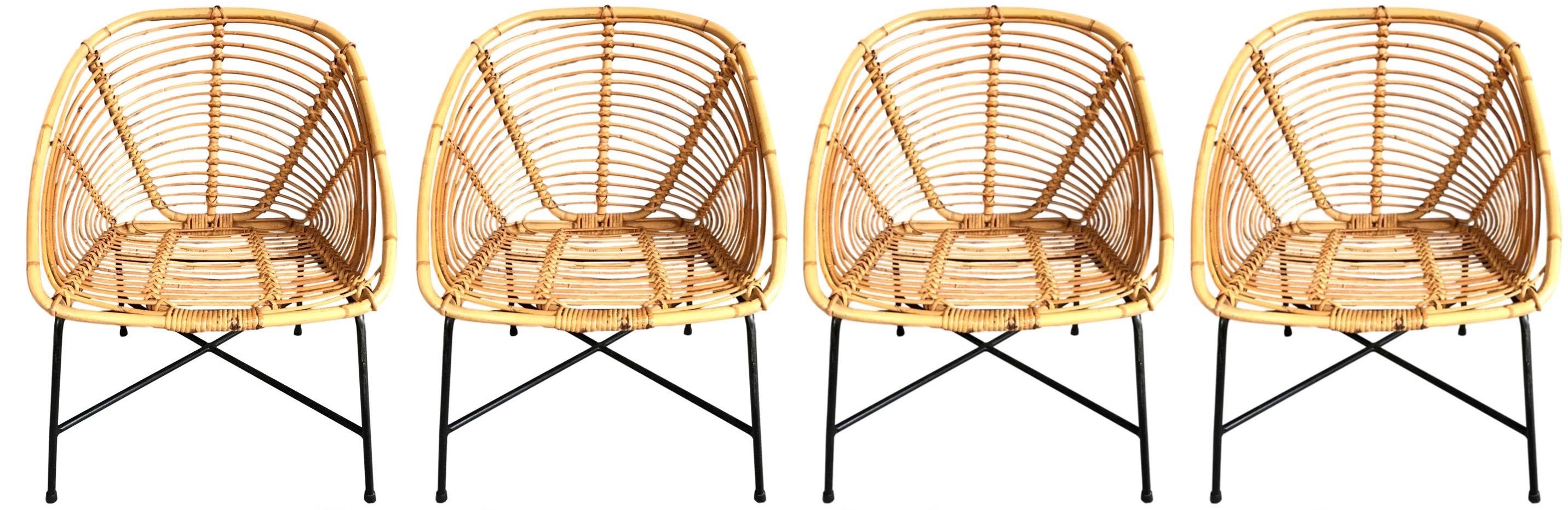 Set of Four Vintage French Wicker and Rattan Chairs, 1950s France