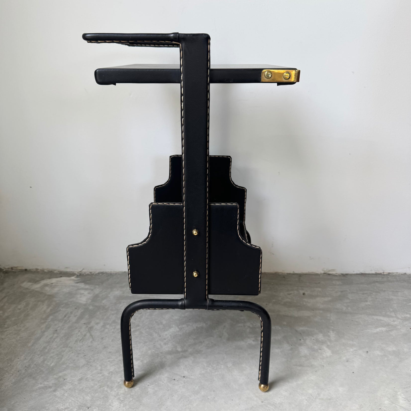 Jacques Adnet Black Leather Side Table, 1950s