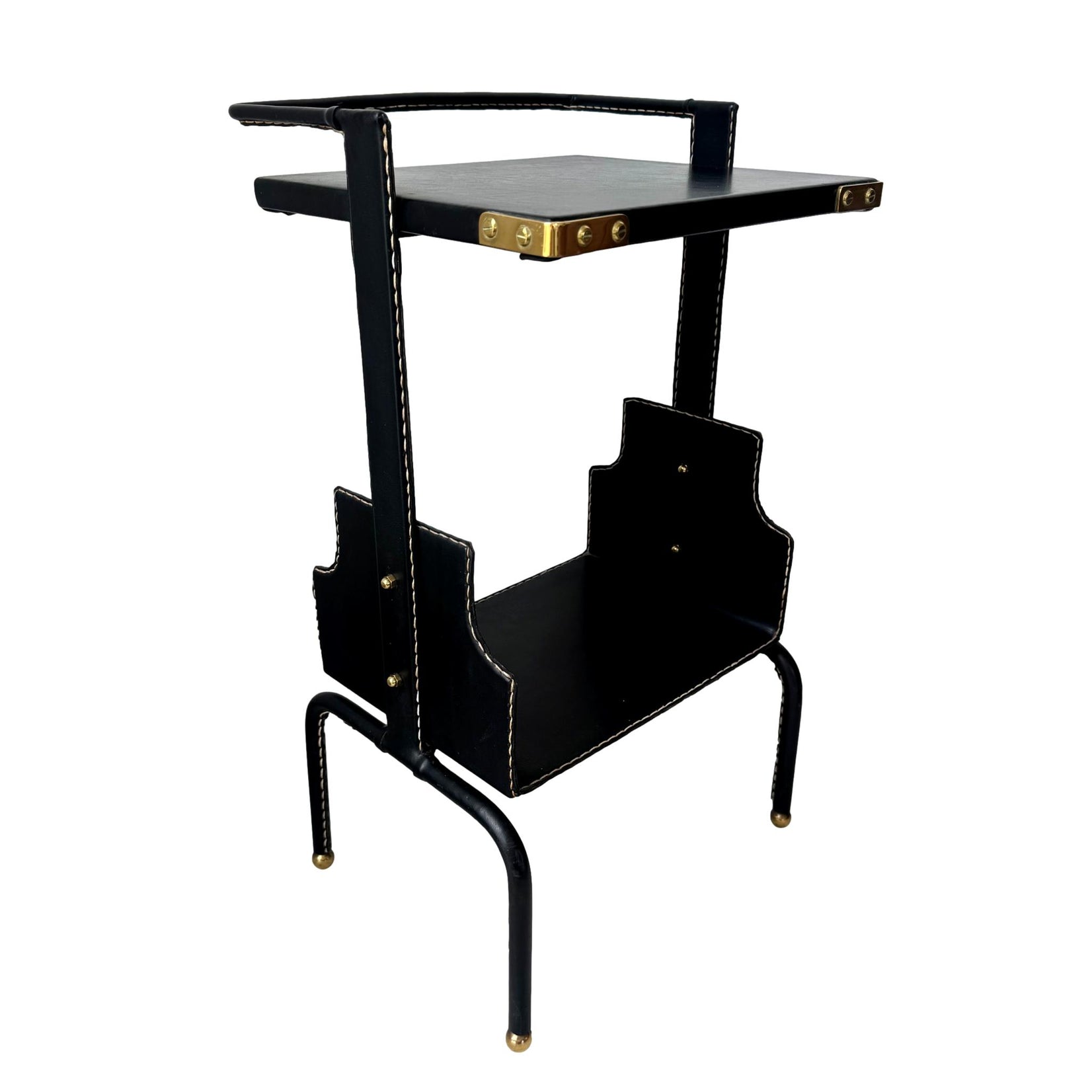 Jacques Adnet Black Leather Side Table, 1950s