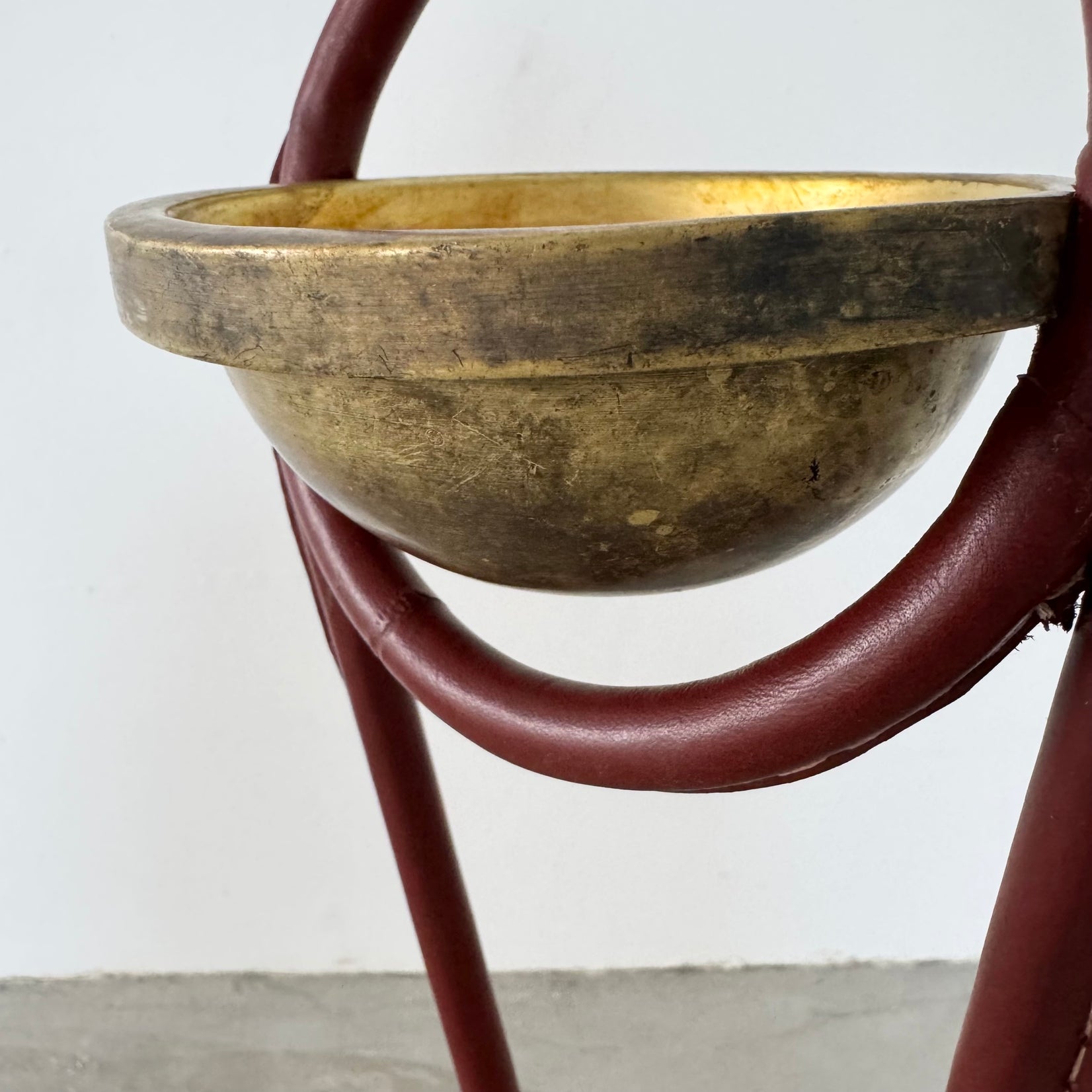 Jacques Adnet Leather and Brass Standing Ashtray, 1950's France