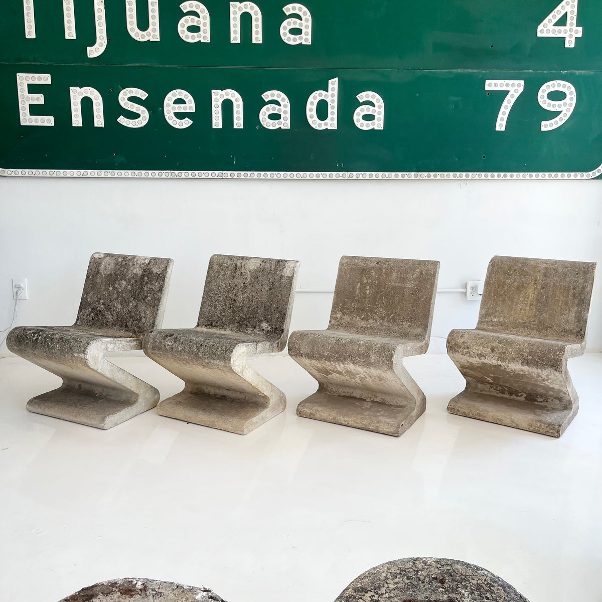 Sculptural Concrete Zig Zag Chairs and Table