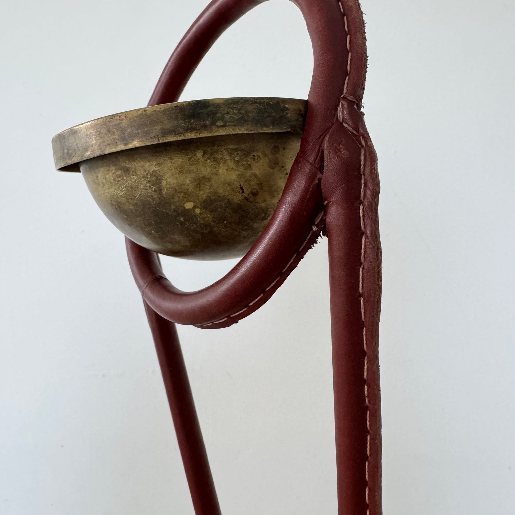 Jacques Adnet Leather and Brass Standing Ashtray, 1950's France