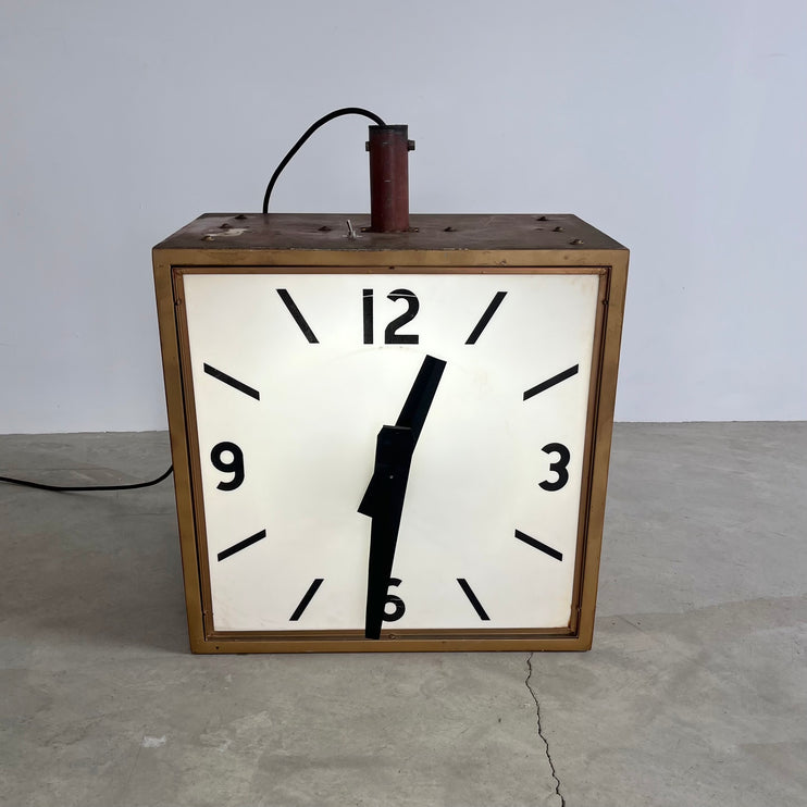 Massive Industrial Two-Sided Backlit Clock and Thermometer