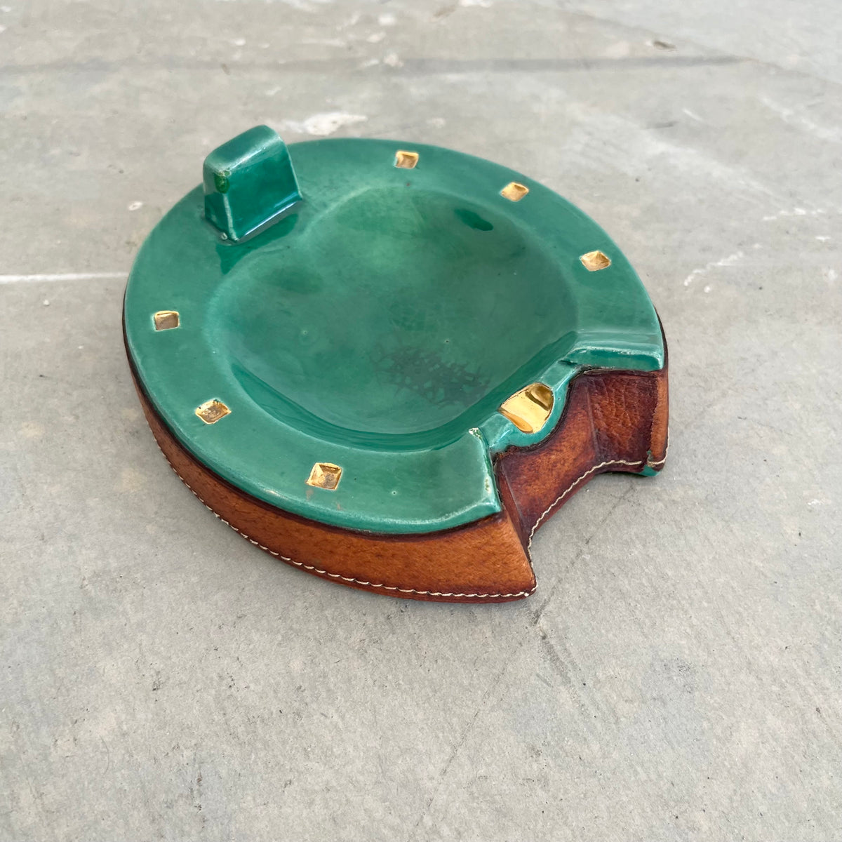 Green Ceramic and Leather Horseshoe Ashtray`