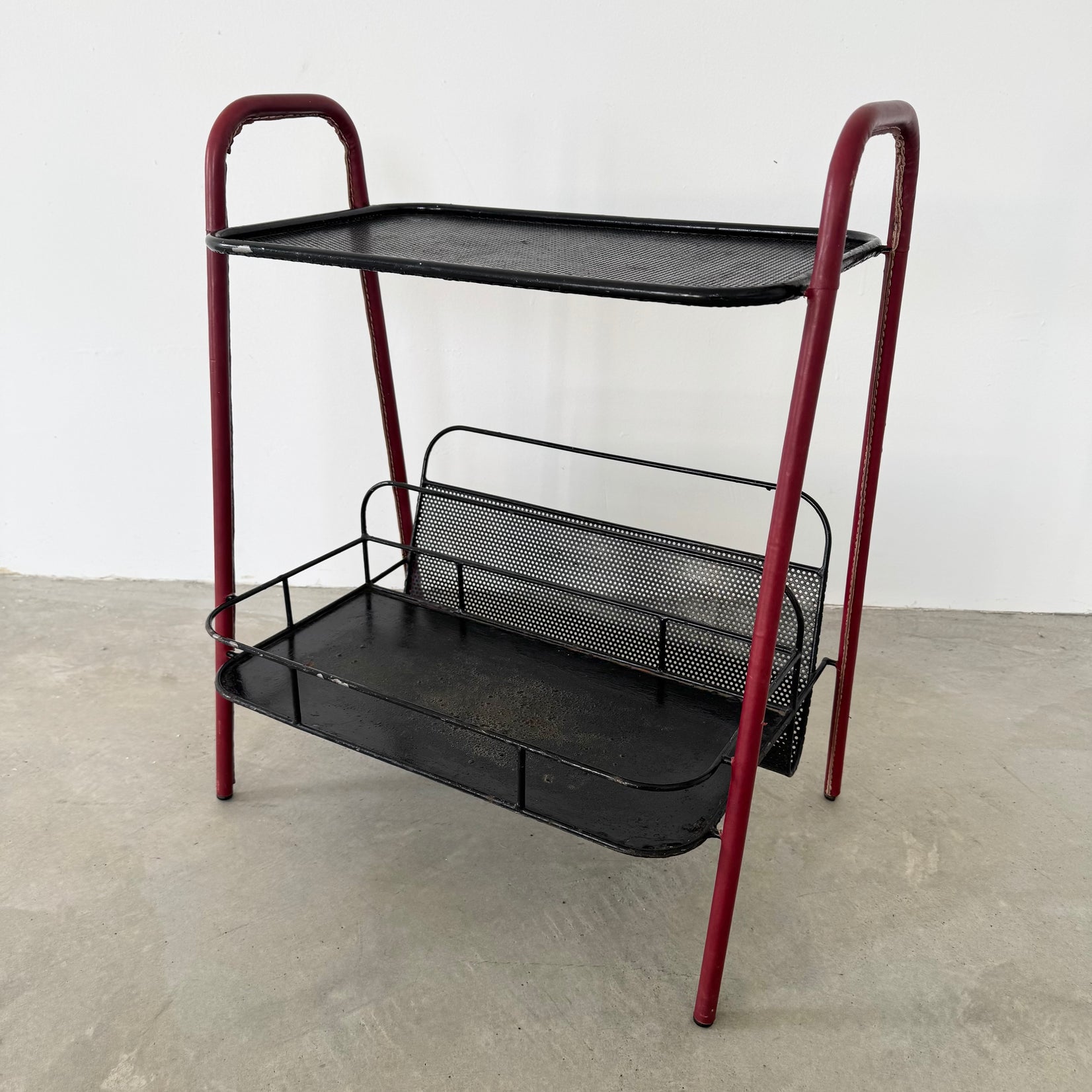 Red Leather and Iron Side Table