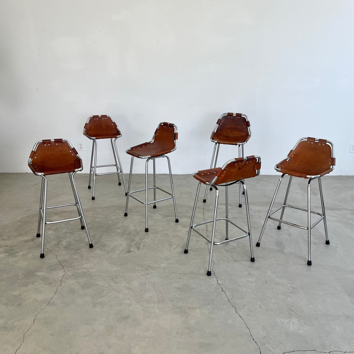Set of 6 Leather and Chrome Bar Stools