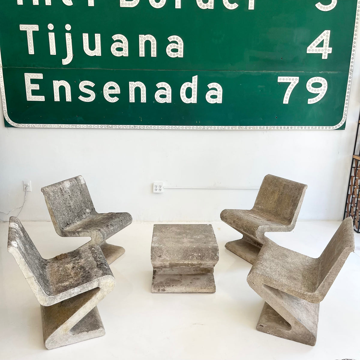 Sculptural Concrete Zig Zag Chairs and Table