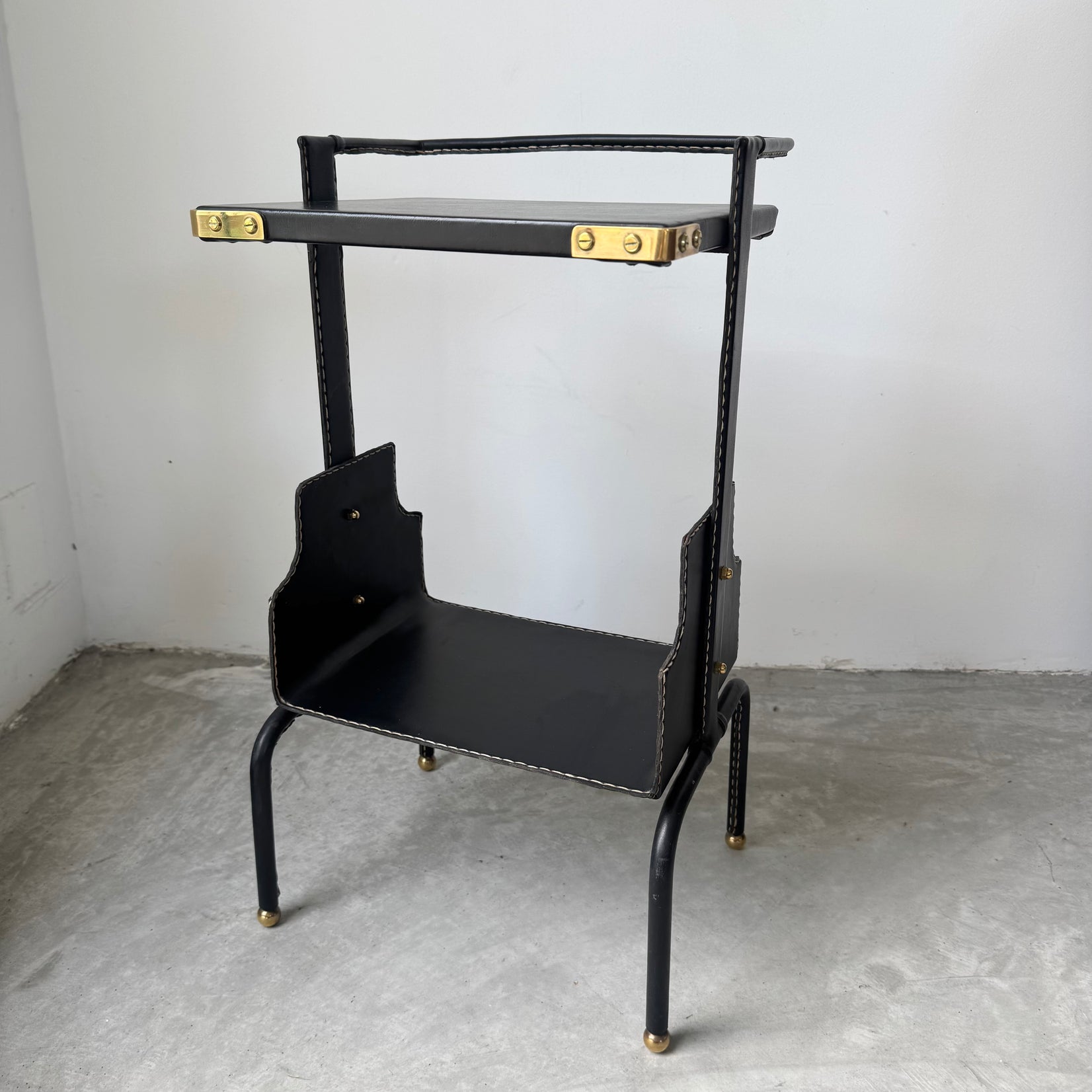 Jacques Adnet Black Leather Side Table, 1950s