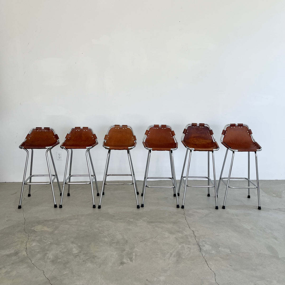 Set of 6 Leather and Chrome Bar Stools