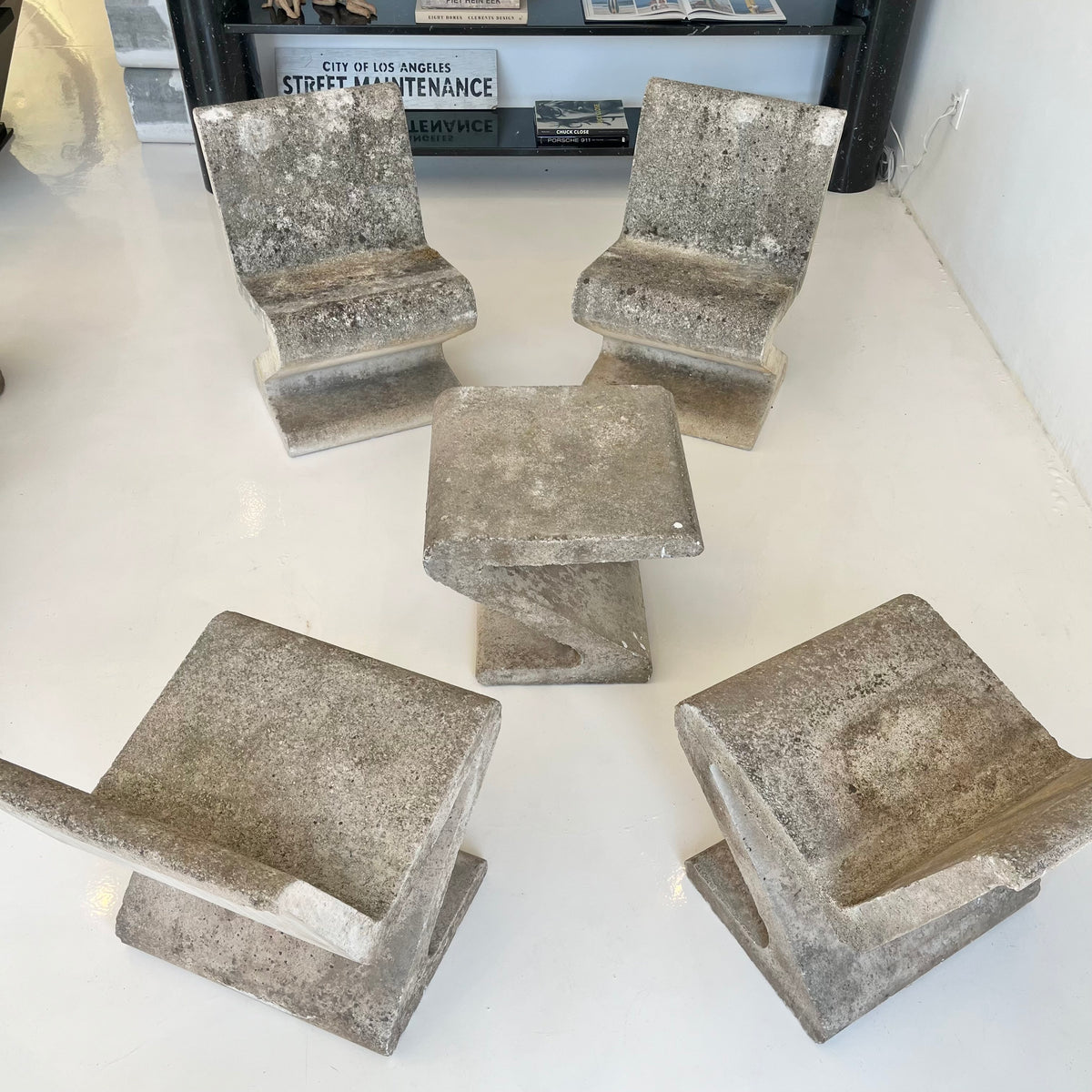 Sculptural Concrete Zig Zag Chairs and Table