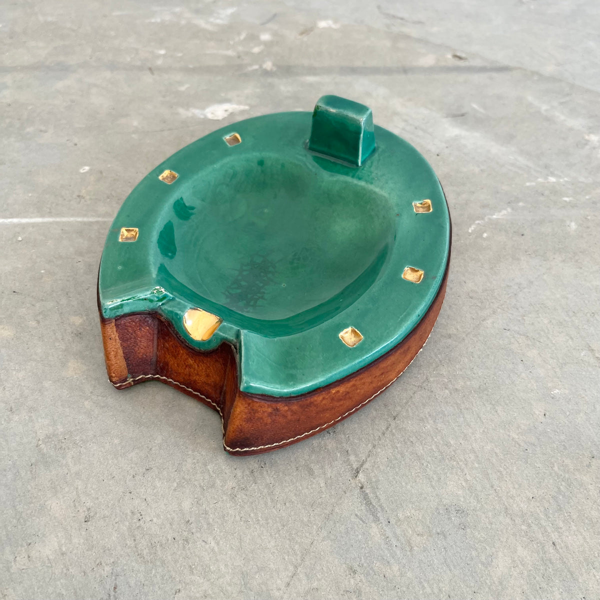 Green Ceramic and Leather Horseshoe Ashtray`