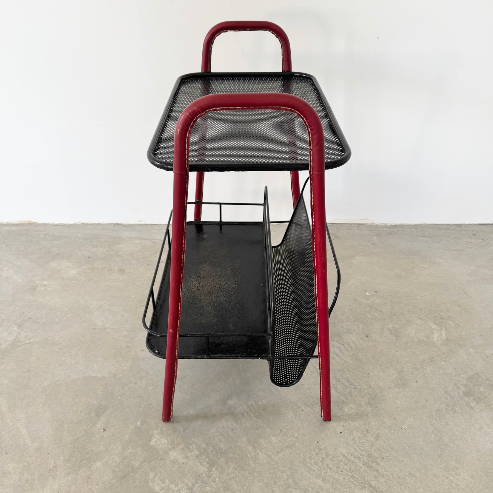Red Leather and Iron Side Table