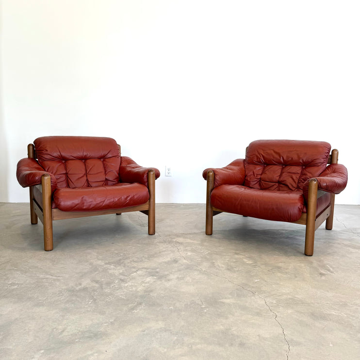 Leather and Wood Club Chairs, Sweden 1970s