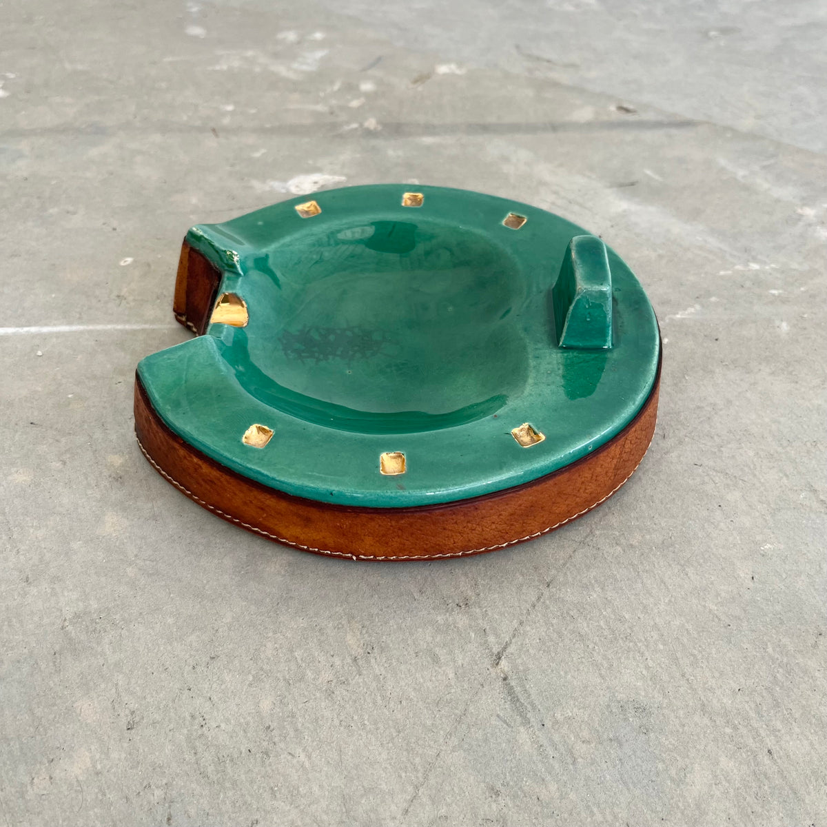 Green Ceramic and Leather Horseshoe Ashtray`