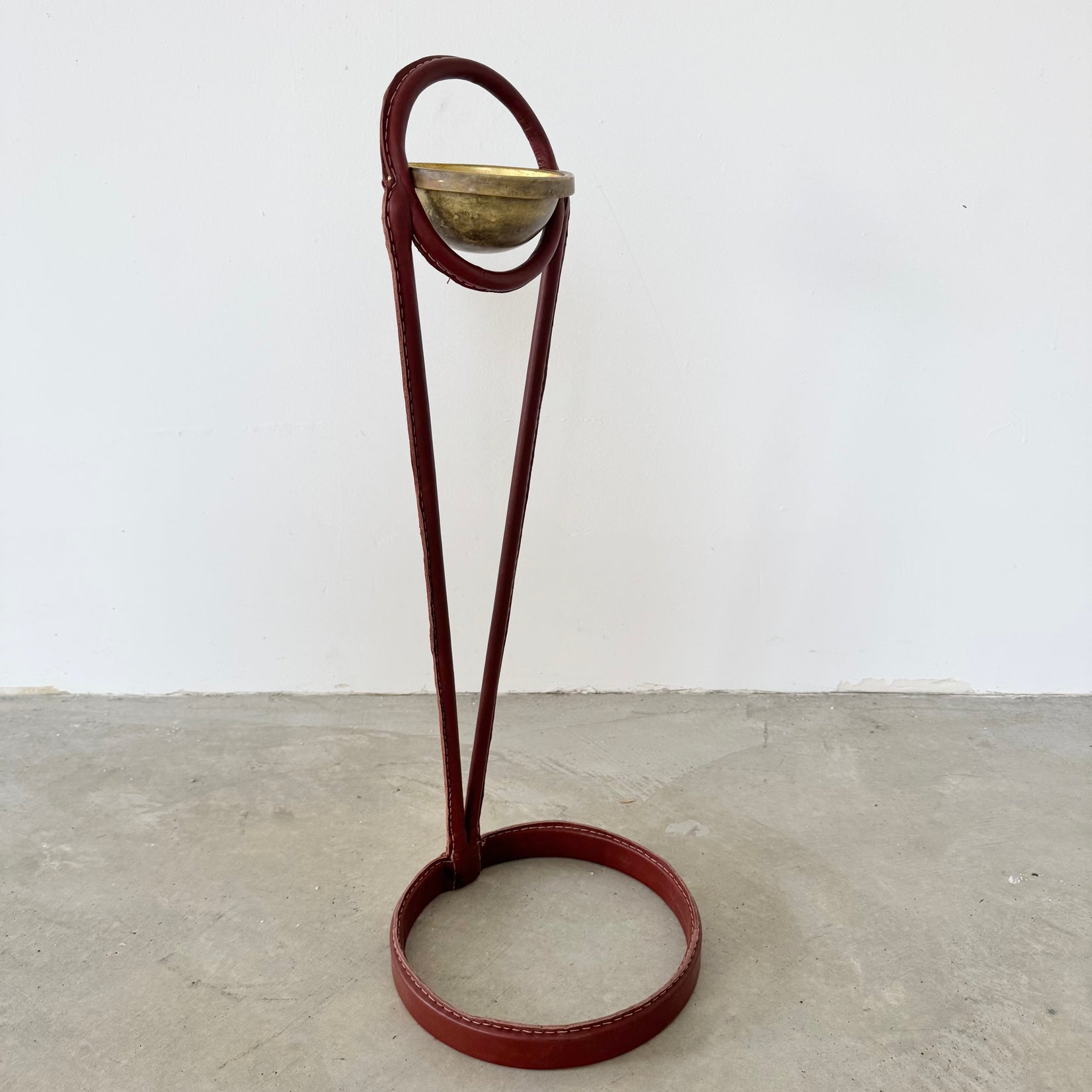 Jacques Adnet Leather and Brass Standing Ashtray, 1950's France