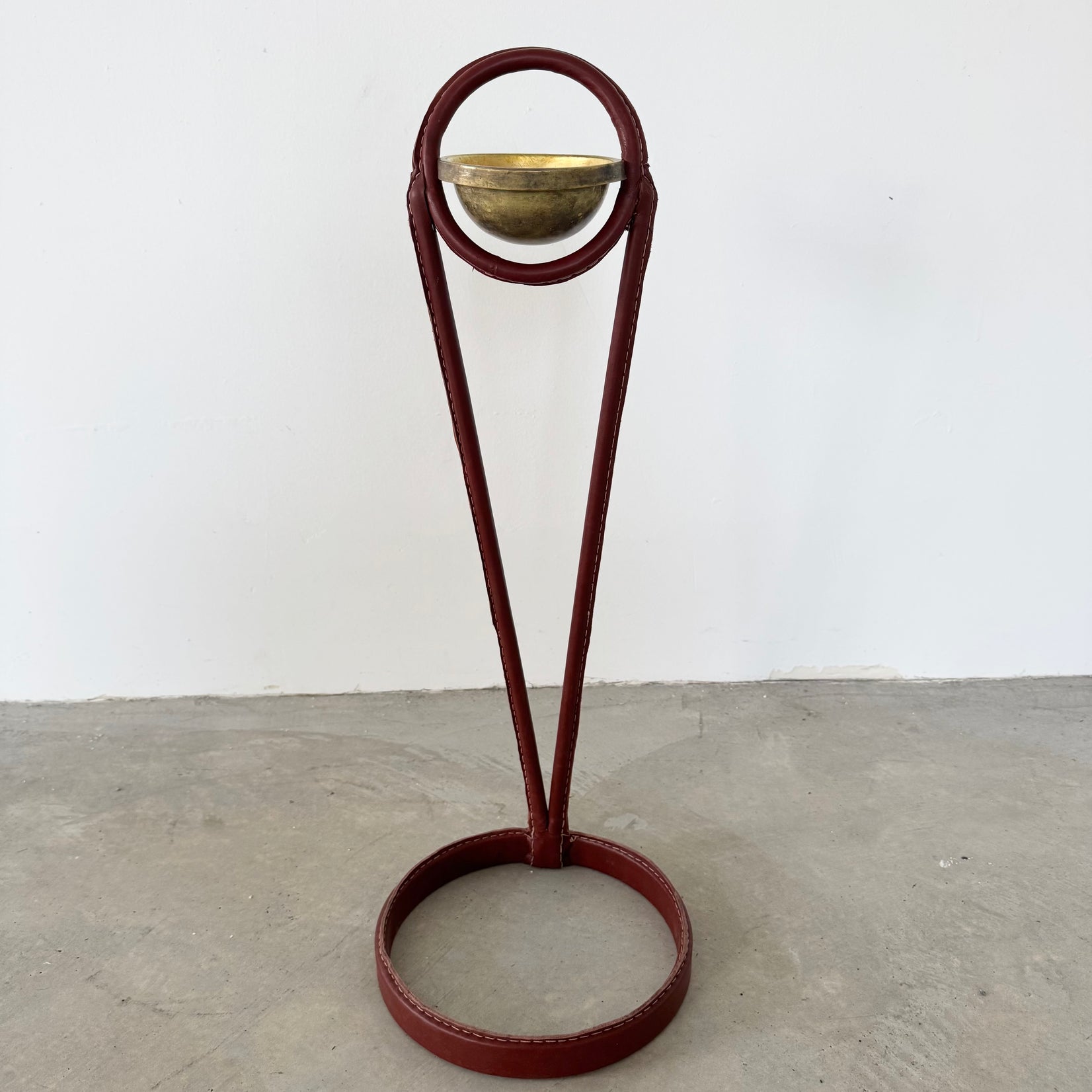 Jacques Adnet Leather and Brass Standing Ashtray, 1950's France
