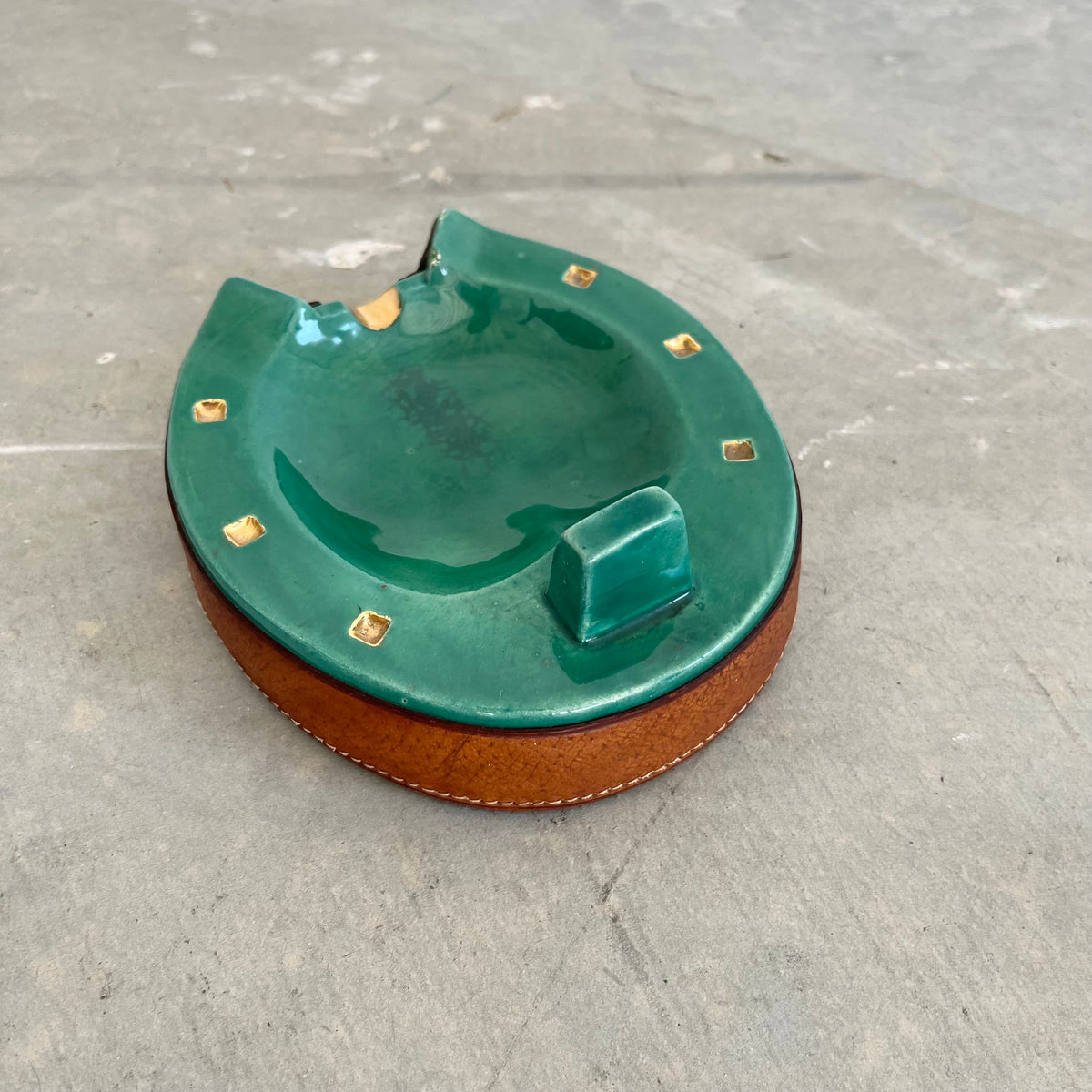 Green Ceramic and Leather Horseshoe Ashtray`
