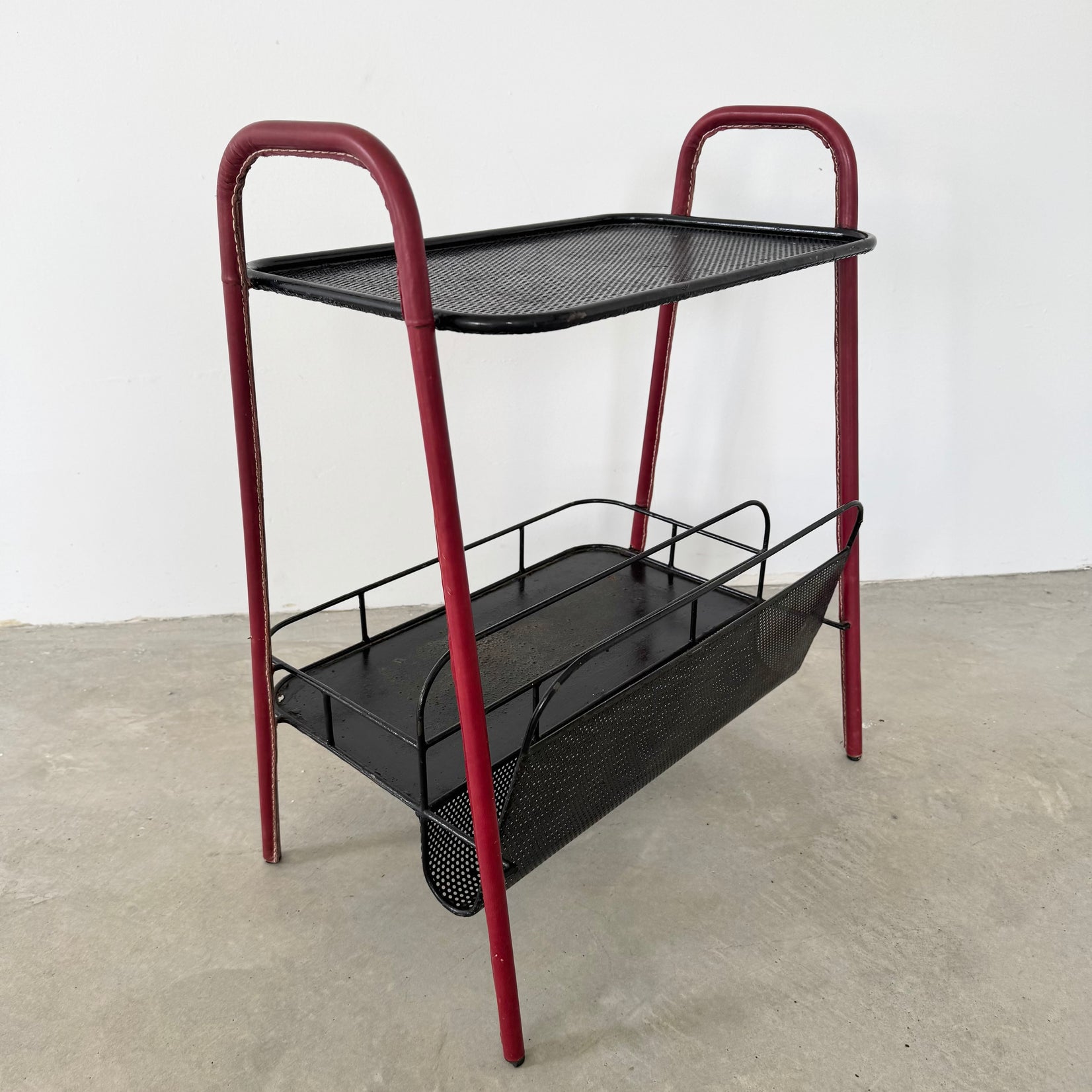 Red Leather and Iron Side Table