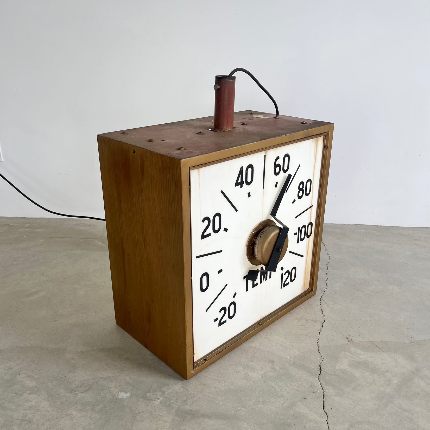 Massive Industrial Two-Sided Backlit Clock and Thermometer