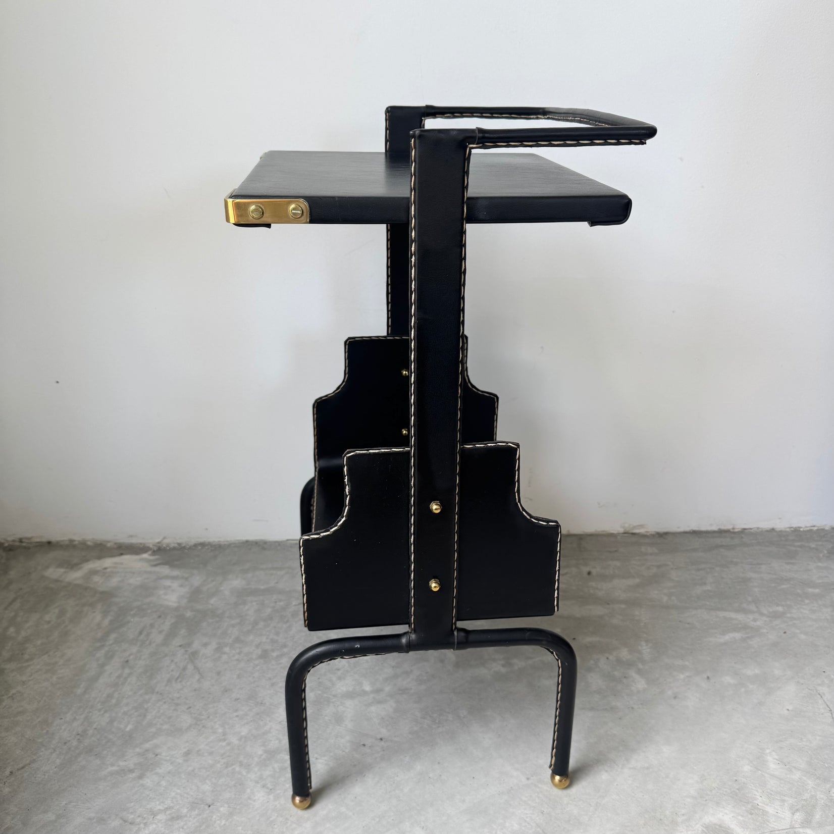 Jacques Adnet Black Leather Side Table, 1950s